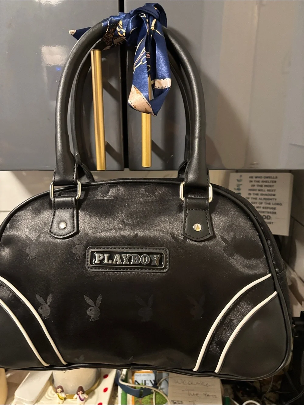 PLAYBOY Black Satchel /crossbody strap with White Piping Accents